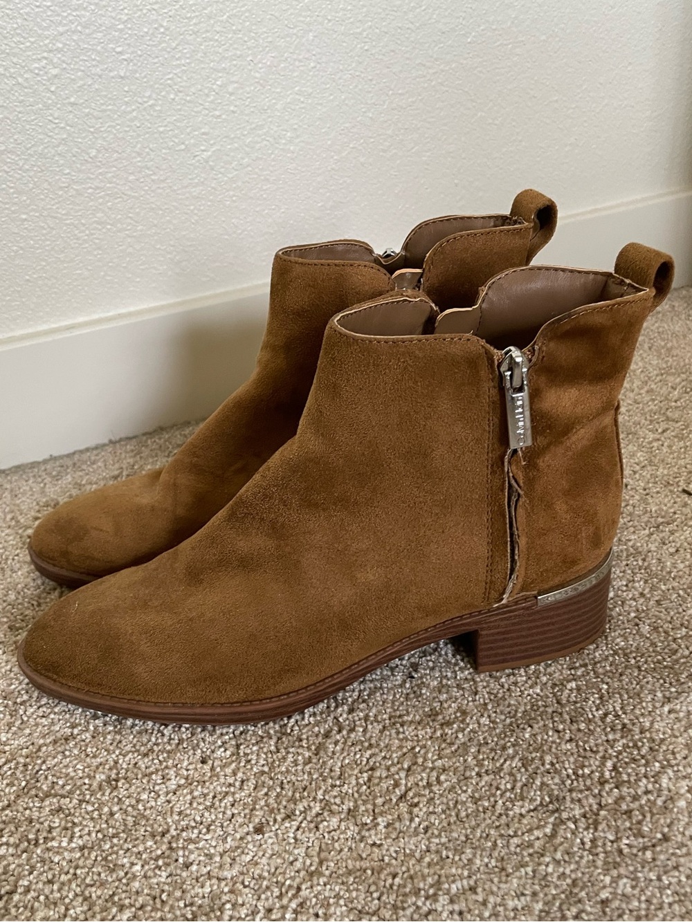 Calvin Klein Brown Suede Ankle Booties with Side Zip